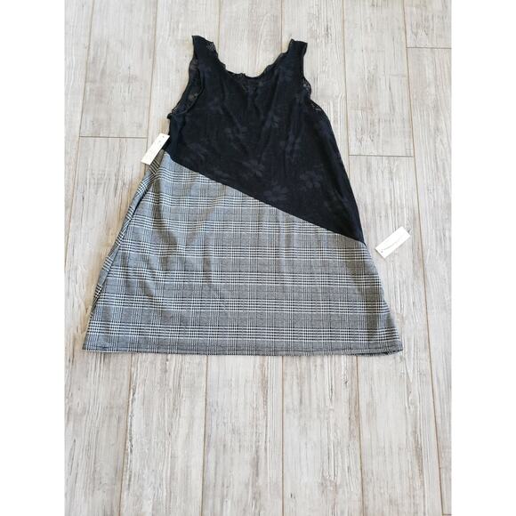 Noblu Black Plaid Dress Cotton Spandex Sleeveles Size L Floral Lace - Picture 3 of 6